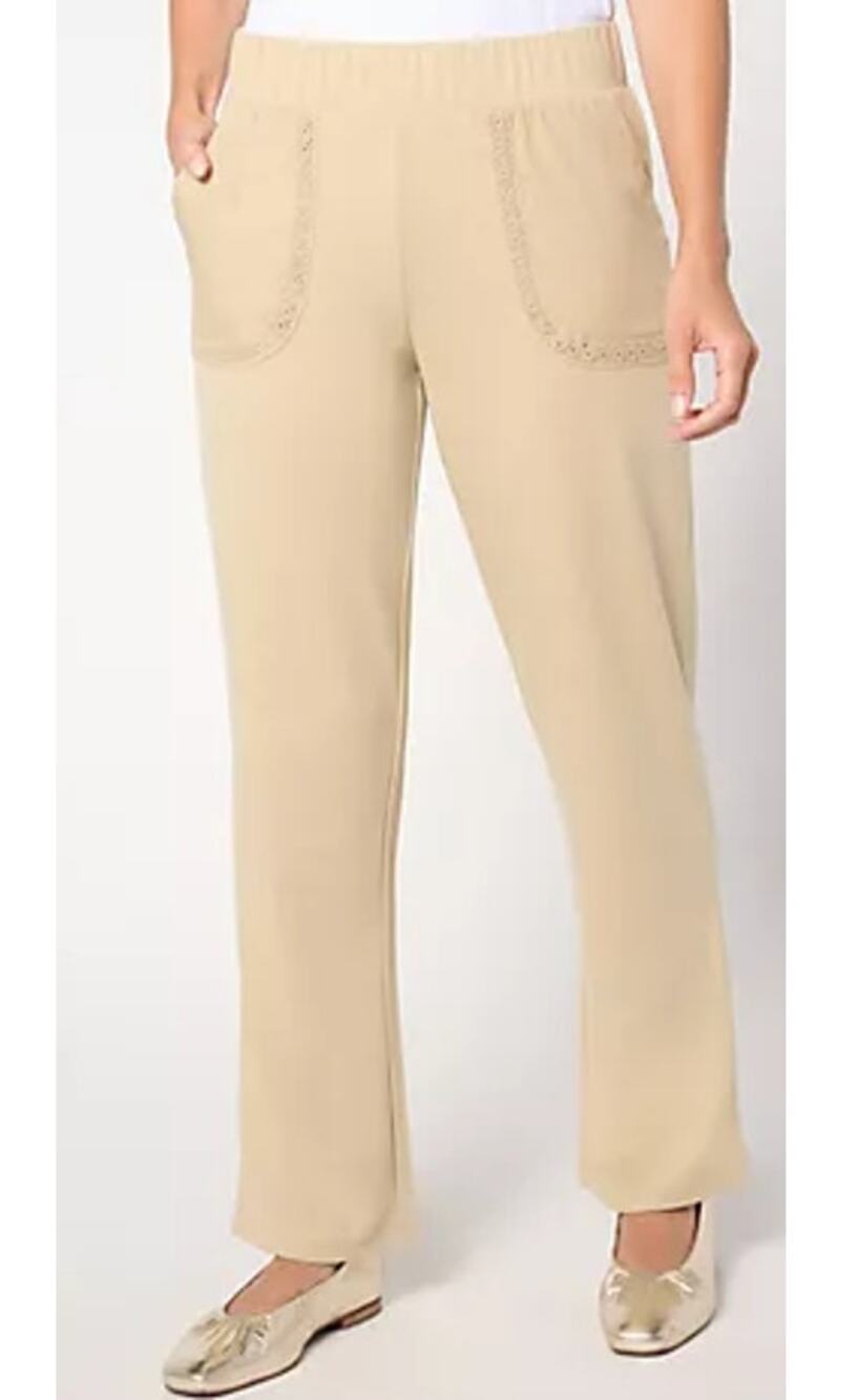 Logo Life By Lori Goldstein Large Tan Wide Leg Pull-on Crochet Pants